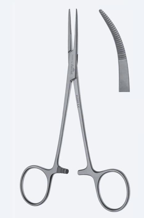 Зажими гемостатичні Providence-Hospital, делікатні, вигнуті, зубчаті щелепи, з кремальєрою, довжина 140 мм. Бренд - Asanus Medizintechnik Gmb, Німеччина